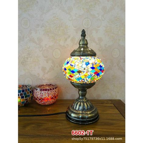 Lampe Turque Mosaïque Orientale de Bureauen Vintage Lampe en Verre Multicolore de Chevet Base en Bronze (1/4)