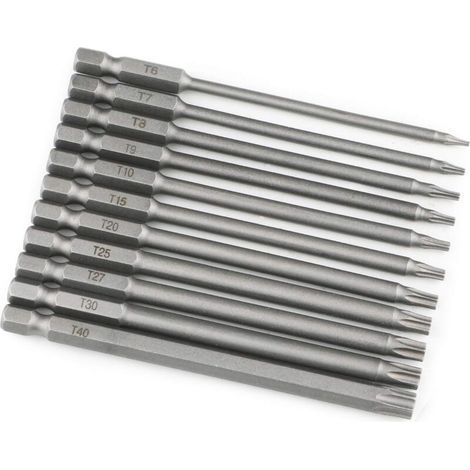 Lot de 11 Embouts Torx Extra Longs 100 mm Magnétiques T8 à T40 Pour Tournevis Électrique 1/4 Pouces Tige Hexagonale (1/4)