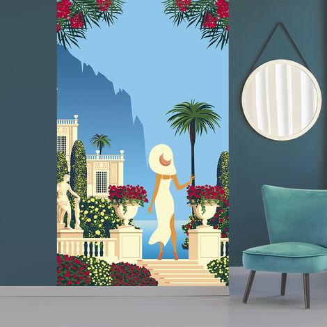 Papier peint intissé 250 cm X 150 cm, Paysage Grec avec Femme en Tenue Beige, Vue sur Mer, Fleurs Rouges et Jaunes. (1/2)