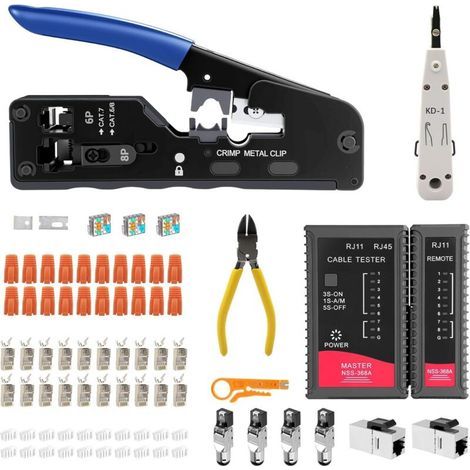 Netzwerk-Werkzeugset, RJ45-Durchgangscrimpzange für Cat7, Cat6, Cat5 mit 4 werkzeuglosen Cat7-Netzwerksteckern, Netzwerktester, 10 RJ45-Stecker, LSA-Installationswerkzeug, Reparaturwerkzeuge