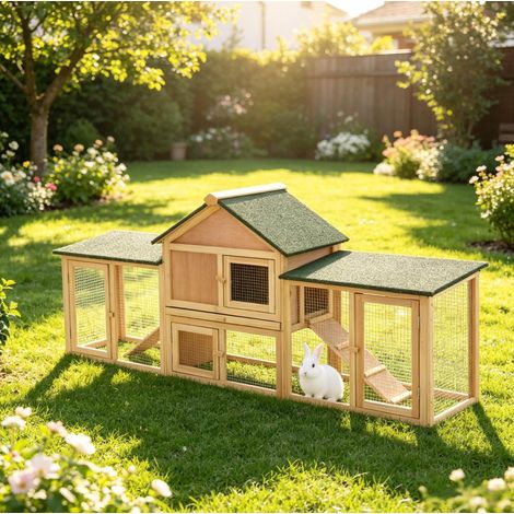 Conejera exterior con parque, 210 x 45,5 x 84,5 cm, madera natural y verde HAVRYA (1/5)