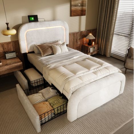 letto contenitore 90x200 USB LED con cassetti bianco OKMYHOME (1/5)