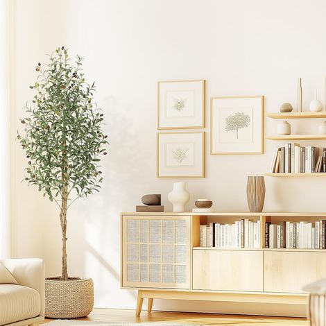 Lot de 2 Oliviers Artificiels 180cm (6ft), Arbres Artificiels avec Tronc en Bois Naturel, Fausses Plantes Intérieures pour Décoration Maison, Salon, Bureau, Style Méditerranéen (1/5)