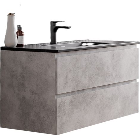 BERNSTEIN - Mobile lavabo sospeso MDF grigio cemento, lavelli nero opaco + foro rubinetto troppo pieno e piletta - 100x46x50cm - AVA	Calcestruzzo, Nero opaco