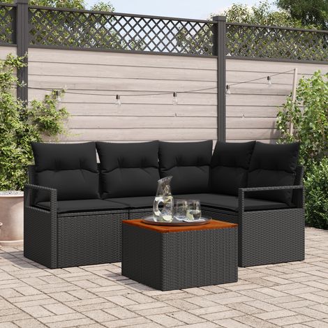 5-teiliges Garten Sofa Set mit Kissen Schwarz Poly Rattan Akazie vidaXL227869 (1/5)