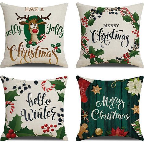 Lot de 4 housses de coussin pour canapé, 45x45 cm, taie d'oreiller en lin, housse de coussin décorative renne flocon de neige sapin de Noël, décoration de la maison (1/5)