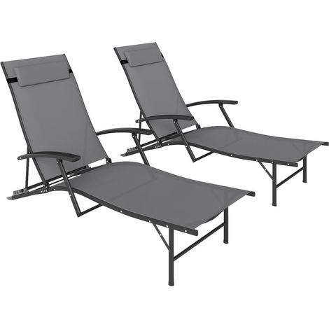 Lot de 2 Bains de Soleil Pliants Chaise Longue Transat de Jardin Dossier Réglable 4 Positions avec Coussin en Textilène Gris (1/5)