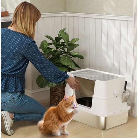Bac à litière pour chat 60,2x40,2x44,5 cm en acier inoxydable gris clair, anti-odeurs – MEUBLIV (1/5)