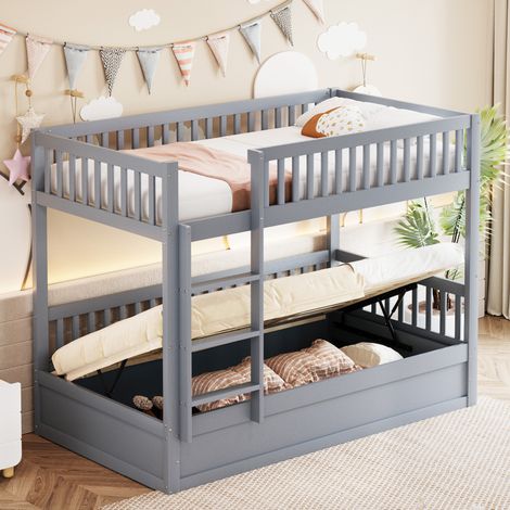 Letto a castello 90x200 cm con letto a cassone, sponda di sicurezza e struttura per bambini, grigio, senza materasso (1/5)