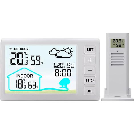 Clock digital multifunctional, thermometer and hygrometer indoor and outdoor, screen Color, Station weather without Wire, White (1/5)