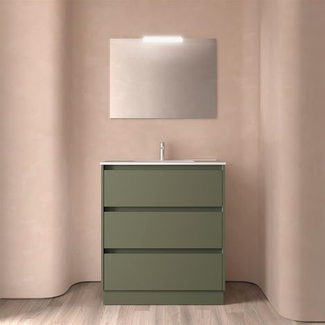 Ensemble complet Noja 800 3 tiroirs GREEN SATIN + meuble-lavabo + miroir + éclairage (1/4)