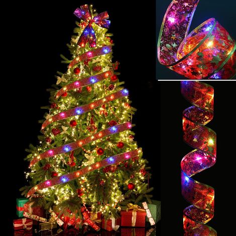 Guirlande à ruban rouge de Noël de 2 m, décorations d'arbre de Noël, guirlande lumineuse lumineuse de Noël, décorations de Noël (RVB) (1/5)