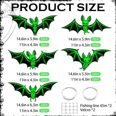 Pack of 10 Halloween Bat, Luminous Halloween Decoration, Bat Decoration Black with Luminous Eyes, Scary Window Stickers with Fishing Line and Double-Sided Tape (1/5)