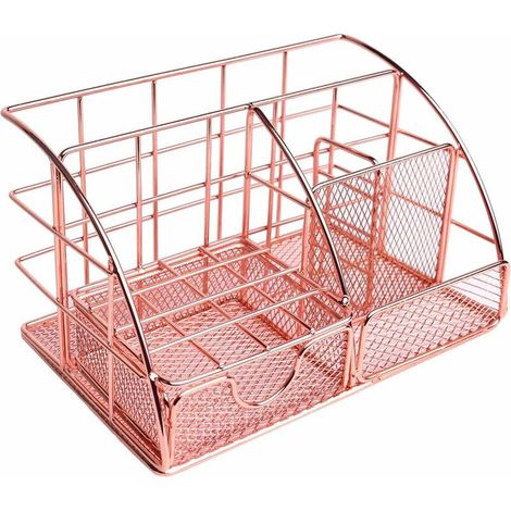 Metal Desk Organizer, Desk Table Stationery Storage Rack, Assemble Multifunction Cosmetic Pencil Pen Organizer (Rose Gold) (1/5)