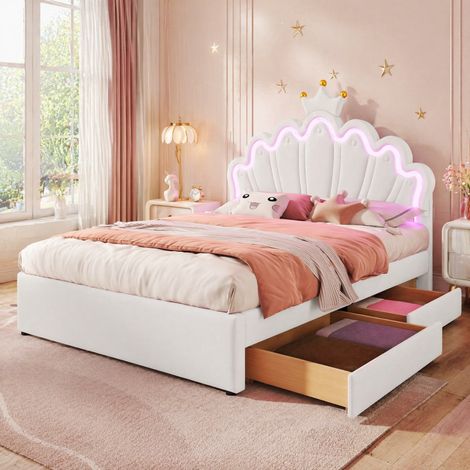 Cama infantil 140x200 cm de PU y MDF blanca con almacenaje, sin colchón FloraGrace (1/5)