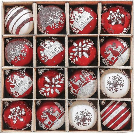 Boules de Noël pour décorer le sapin, 16 boules géantes incassables rouges et blanches de 8 cm, idéales pour la décoration de Noël. (1/5)