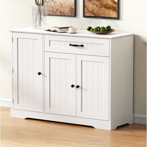 Buffet blanc en MDF avec 3 portes, 1 tiroir, étagères réglables et poignées noires (1/5)