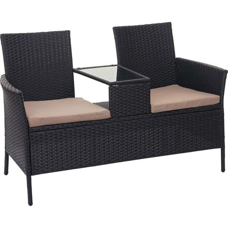 Divano sofa per l'esterno doppia seduta portavivande HHG-243 polyrattan nero cuscini avorio