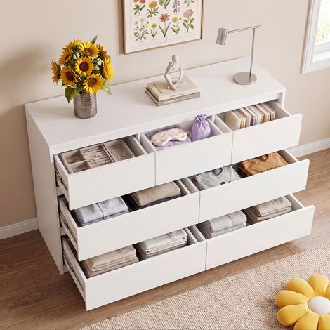 Commode blanche 7 tiroirs, rangement 120 x 35 x 75 cm (1/5)