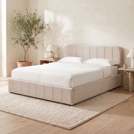 Lit coffre latéral 160x200 cm sommier + tête de lit en velours beige (1/5)