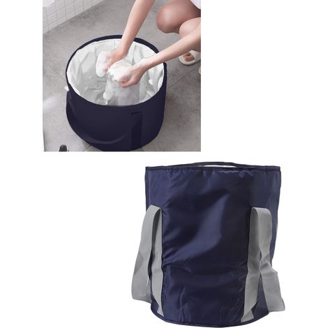 Seau pliable pour le camping/bain de pieds, récipient à eau pliable pour la pêche, les voyages, le camping, les bains de pieds et le lavage de voiture, bleu marine. (1/5)