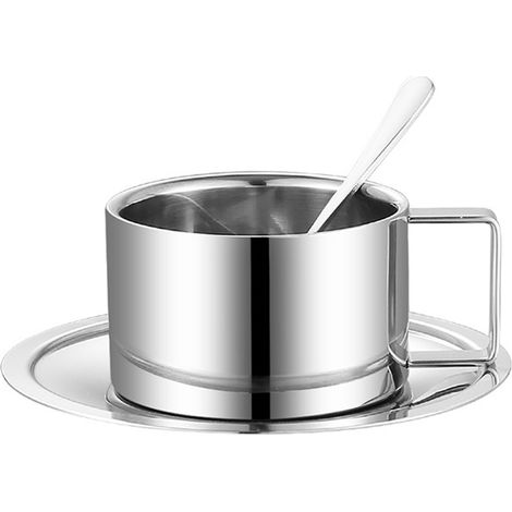 juego de taza de café, acero inoxidable, doble pared, aislante, platillo, cuchara, interior (1/5)