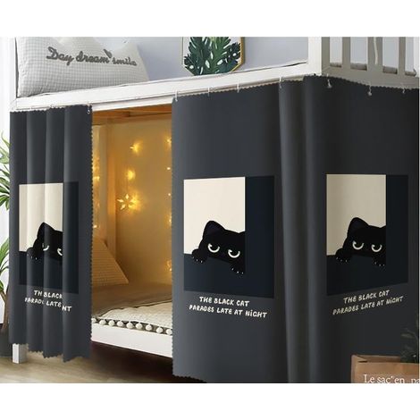 Rideau de Lit Epaissis Rideau Occultant pour Lit Superposé ou Lit Cabane Ciel de Lit Moustiquaire Etanche Rideau Opaque Anti-poussière Anti-Insectes pour Dortoir d'Étudiants, 1,152m, Chat Noir, 2pcs (1/5)