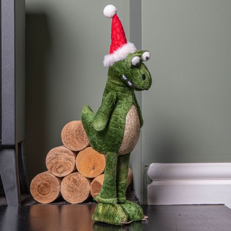 37cm Green Standing Christmas Dinosaur with Santa Hat (1/5)