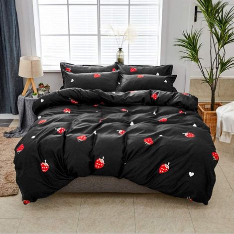 Ensemble de housse de couette Rouge Fraise 155 x 220 Kawaii Fraise pour enfant fille Décoration de chambre motif de fruits doux fraise mignonne Housse de couette noire de style japonais (1/5)