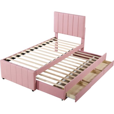 Lit rembourré 90 x 200 cm avec lit gigogne et tiroirs de rangement, revêtement en lin doux pour la peau, lit simple bas, lit enfant, lit ado, lit d'appoint (rose) (1/5)