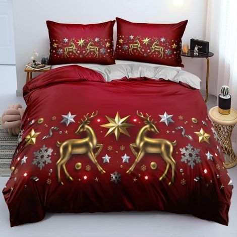 Bettwäsche 155x220cm 3-teilig Mikrofaser Rot Grau Weihnachten Rentier Sterne mit Reißverschluss