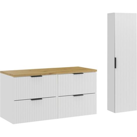 Conjunto de baño NOXERA 120 cm – Muebles bajo lavabo suspendidos blanco alpino con encimera para lavabo roble y columna mural