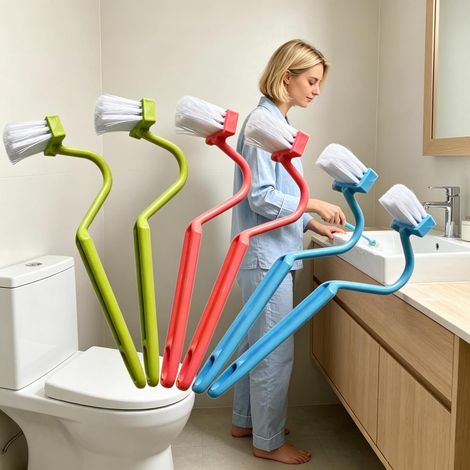 Manche Long en Plastique Brosses pour WC Portable en Plastique de Type V pour Toilettes Angle Couleur aléatoire (1/5)