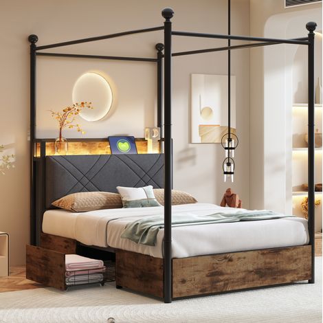 Letto con 2 cassetti 90x190 cm con montanti rimovibili, illuminazione LED e porte USB-Type-C, senza materasso, nero (1/5)