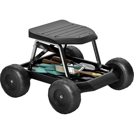Gartenhocker mit Rollen und Ablagefläche, Tragkraft 130 kg, 50 x 49 x 32 cm, Schwarz