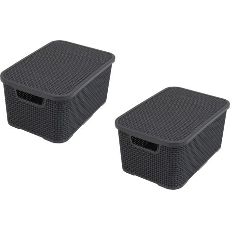 Lot de 2 corbeilles avec Couvercle Design rotin Taille M 10 l Plastique PP Anthracite 10 l (1/5)
