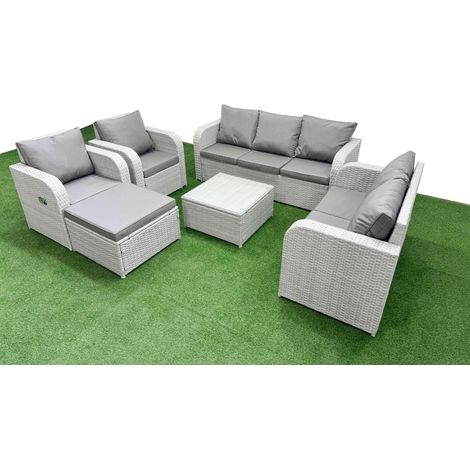 Fimous PE Rattan Garden Furniture Set Adjustable Chair Sofa Double Love Seat 2 Seater Sofa Lounge Set Square Coffee Table Big Footstool Light Grey (1/4)