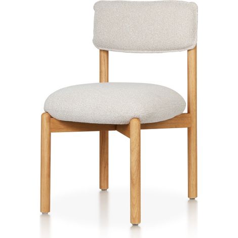 Silla de madera natural con asiento y respaldo tapizados en tela jaspeada de color beige claro – Moderna y cómoda