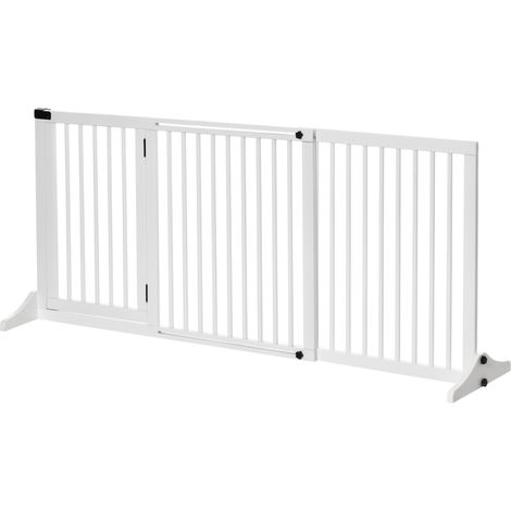 Barrière pour chien autoportante et réglable avec pieds, 113-166 x 71 cm, en bois, idéale pour les portes, escaliers, cuisines et couloirs. 3 panneaux, blanche. (1/5)