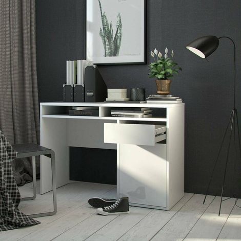 Escritorio Dmora Linear con una puerta y un cajón, color blanco brillante, 110,2 x 77,4 x 48,2 cm, con embalaje reforzado (1/5)