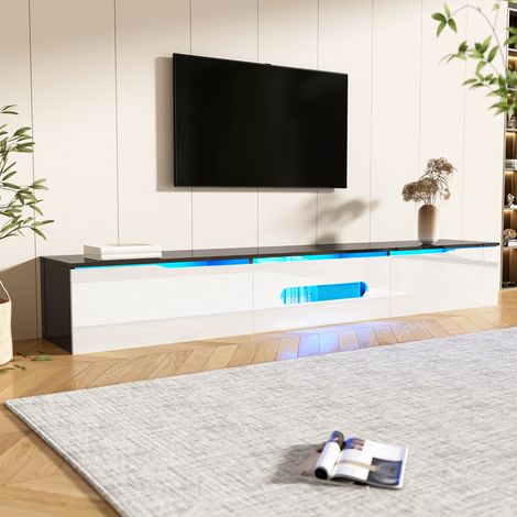 Meuble TV noir et blanc, 180 cm de long, finition brillante, avec éclairage LED 16 couleurs, fixation murale (1/5)