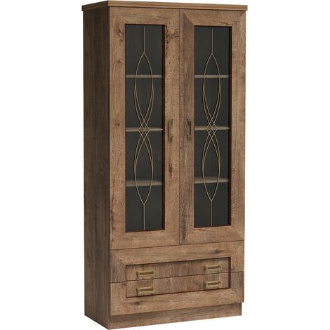 Mobilier1 – Étagère Lircava 107 chêne de Lefkas – Fermée avec 2 portes et 2 tiroirs – Stratifié et verre – Dimensions 191x90x40cm