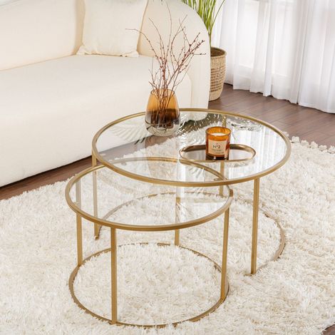 Mesa de Centro Telti, Cristal Templado, Redonda, Material de Tapa Vidrio, 80x80x43h cm oro (1/5)