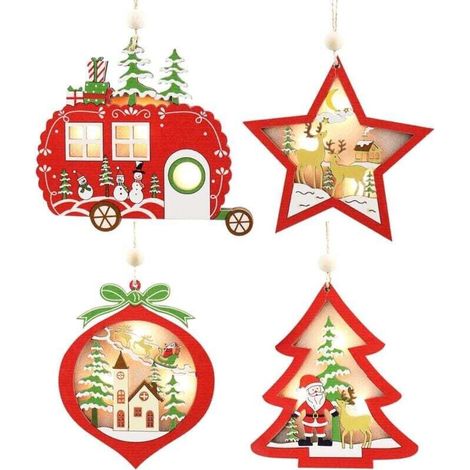 4 Pièces Decoration Noel Bois, LED Lumiere Noel Décoration Noel, Decoration Sapin Noel Bois Lumineux, Decoration de Noel Sapin Intérieur, Decoration Boule de Noel Sapin (1/5)