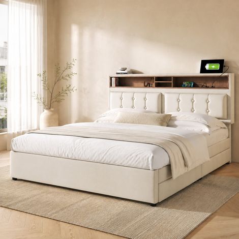 Letto matrimoniale 140x200 cm con 4 cassetti, USB e testiera regolabile, in lino beige, senza materasso (1/5)