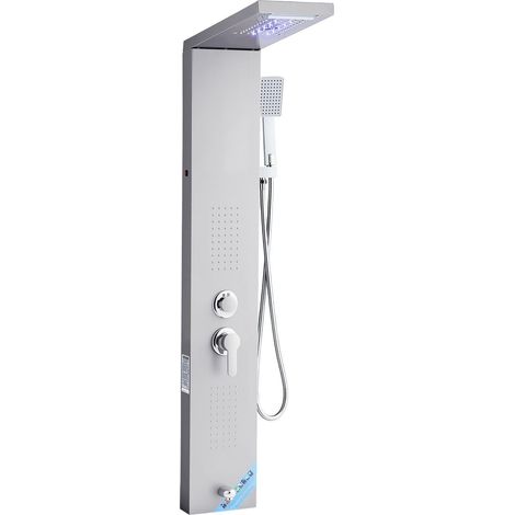 Colonne de douche avec pommeau de douche effet pluie et cascade, éclairage DEL, colonne de douche de 135 cm en acier inoxydable brossé, robinet à 5 fonctions, système de massage effet pluie mural avec (1/5)