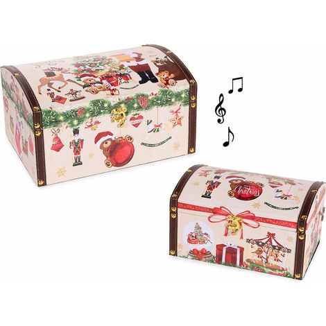 Boîte à musique de Noël coffret en bois gainé imprimé Noël vintage avec crochet de fermeture, lot de 2, grand : 28 x 20,5 x H. 15,5 cm