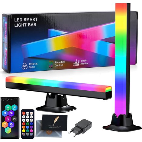 Lampes d'ambiance RGB Smart, 2 pièces 32cm, Barre Lumineuse Gaming TV avec Synchronisation Musicale, Lampe Connectée avec Application et Télécommande, Adaptateur USB et Carte Inclus (1/5)