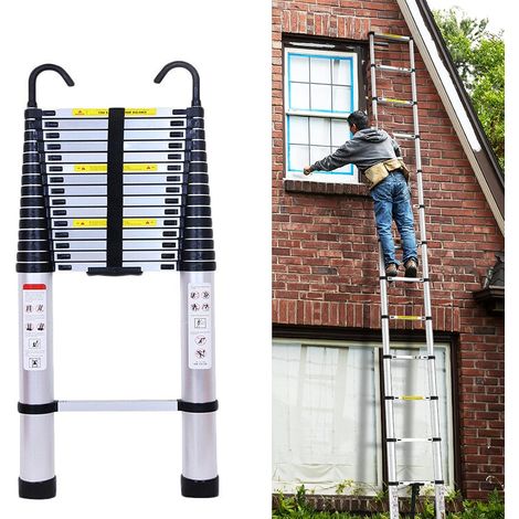 Telescoping Ladder Aluminum Extension Ladder with Roof Hooks 20FT Portable Telescopic Ladder Collapsible Ladder for RV 2 Detachable Hooks Folding Attic Ladder for Home Outdoor 330lb Capacity (1/5)