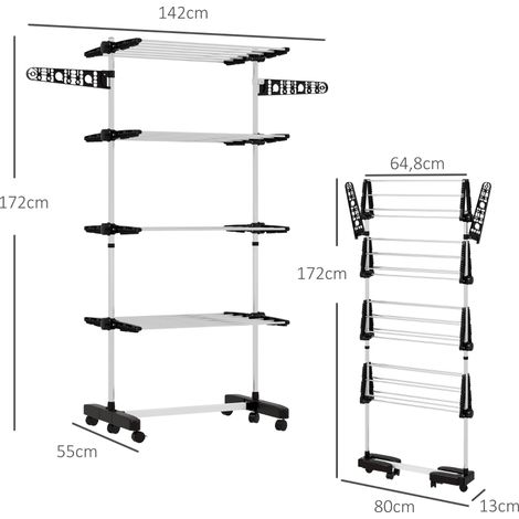Séchoir à linge pliable 5 niveaux, système One-Click, 142x55x172 cm, noir et argent, support de séchage mural, étendoir compact avec rangement facile. (1/5)
